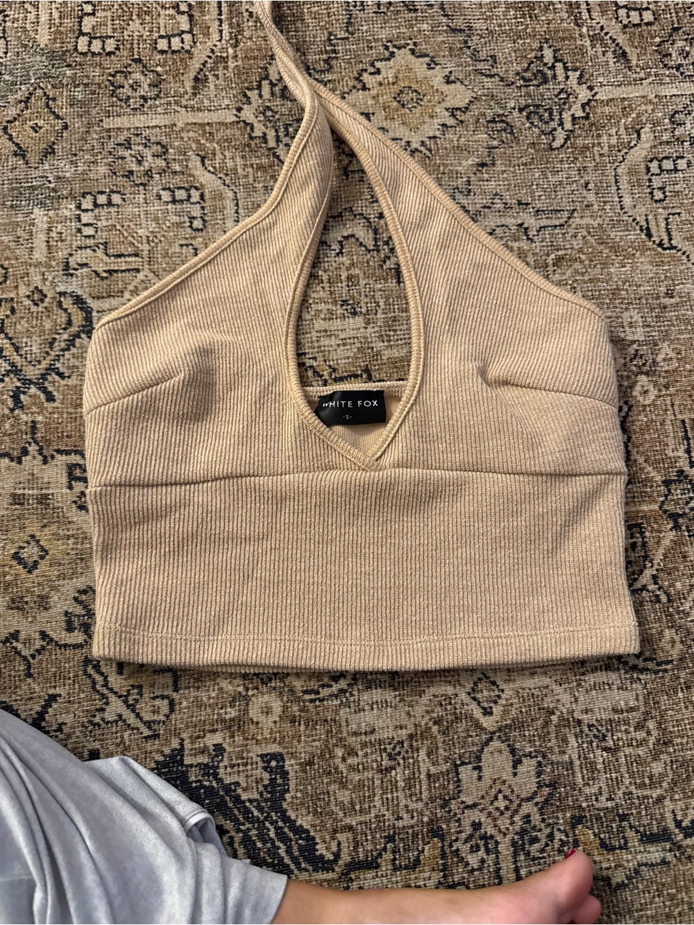 White Fox Boutique Beige Ribbed Halter Crop Top